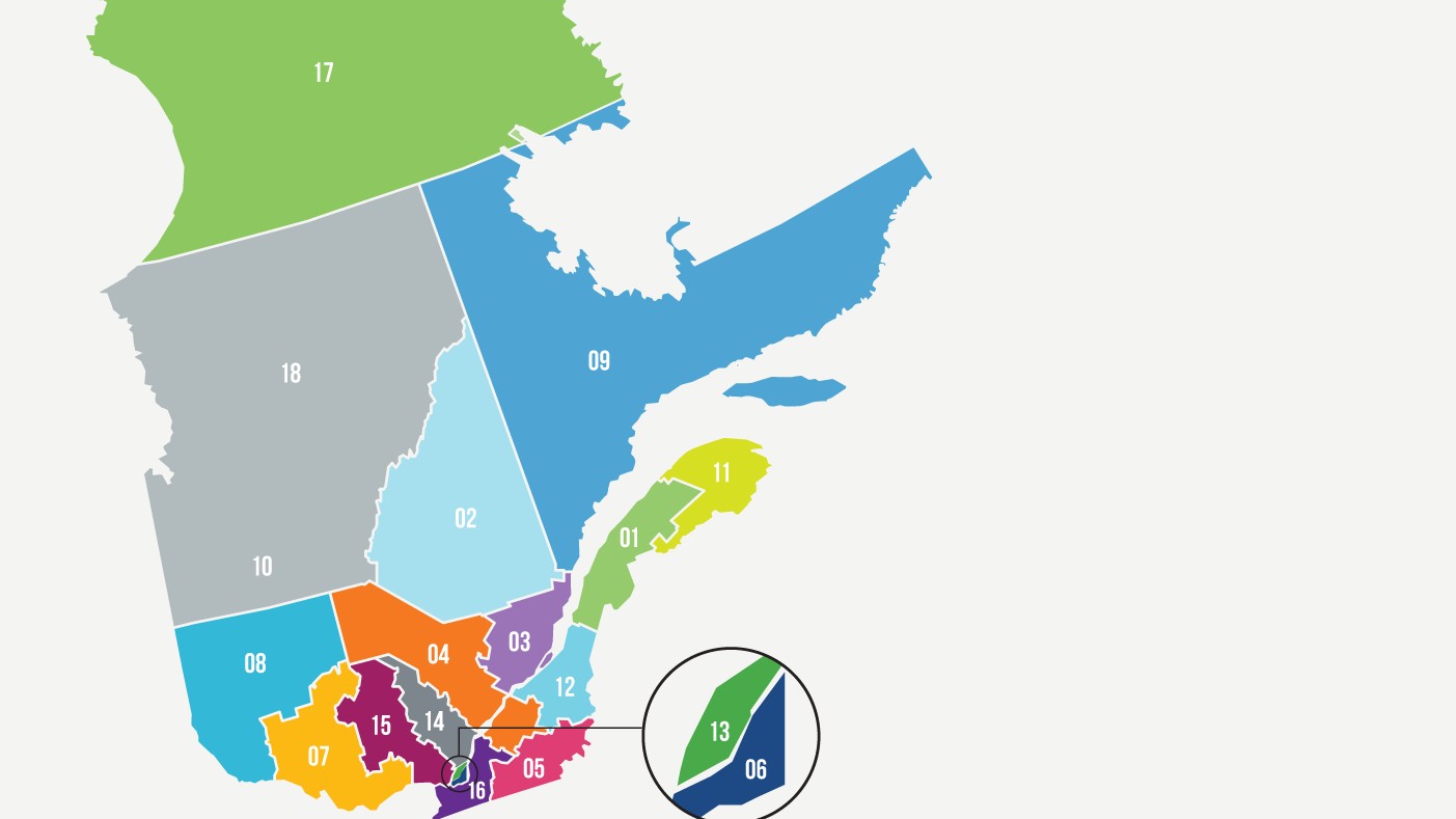 Carte du Québec divisé par région administrative